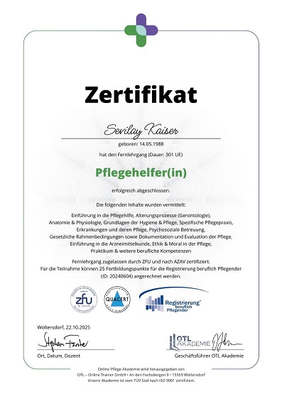 Zertifikat Pflegehelferin
